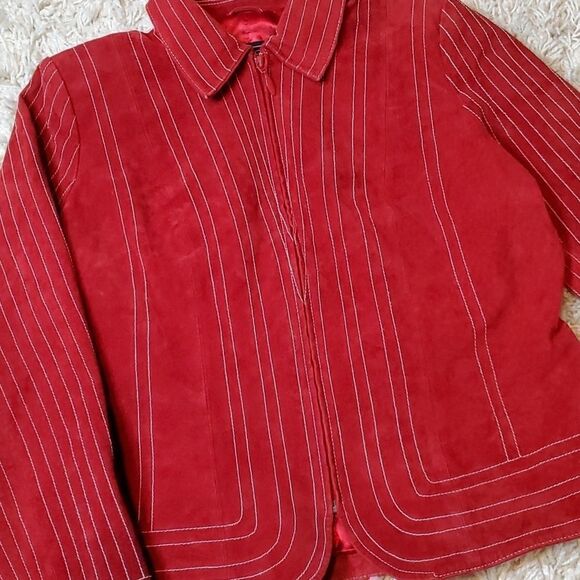 VINTAGE TERRY LEWIS CLASSIC LUXURIES RED LEATHER ZIP-UP JACKET - Picture 2 of 7
